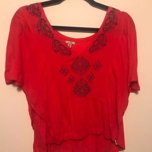 Red with blue Aztec embroidery top